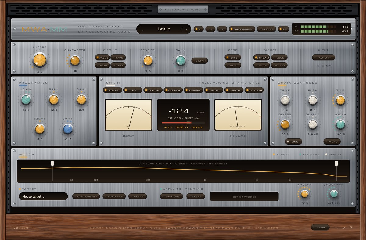 The MWA-MM Mastering Module in a walnut cabinet, smoked steel modules and two cream meters