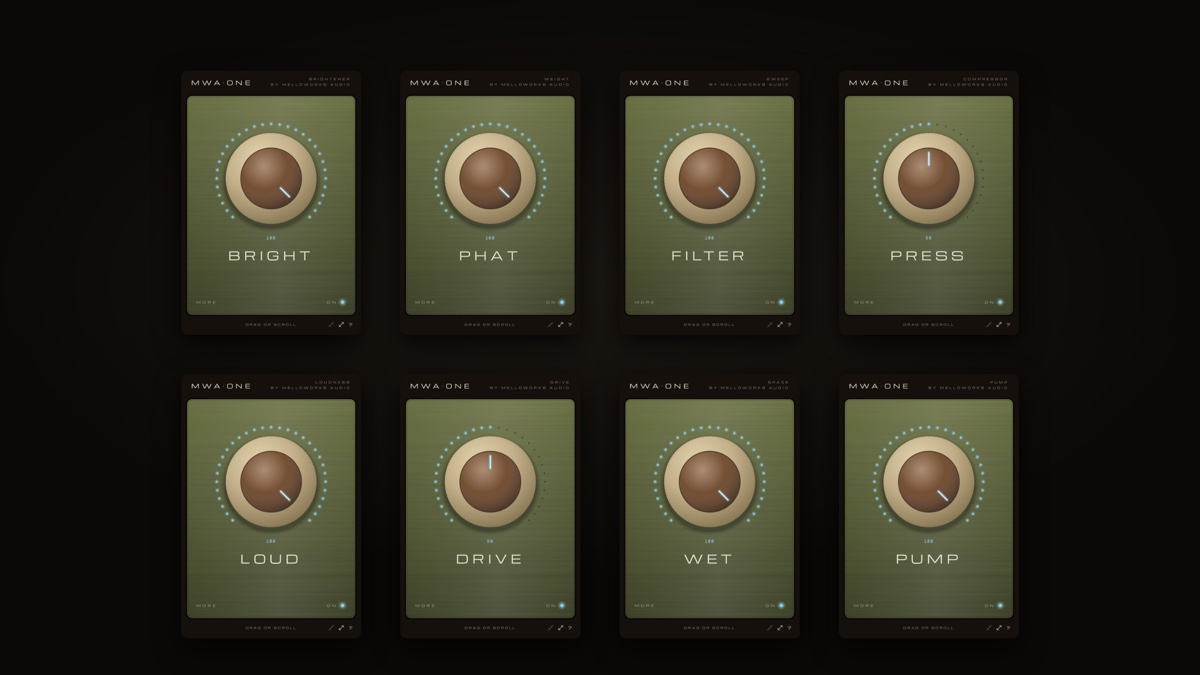 The eight MWA-ONE plug-ins, one knob each