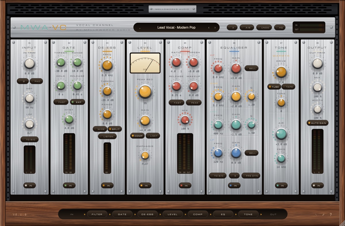 The MWA-VC Vocal Channel, eight modules in a walnut cabinet